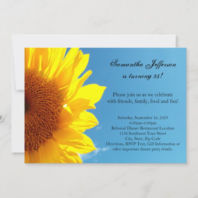 Summer Blue Sky, Yellow Sunflower Birthday Party Invitation (Front)