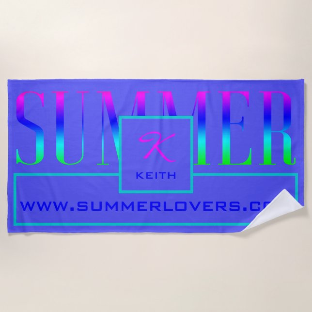 Summer Blue Turquoise Pink Name Monogrammed Beach Towel (Front)