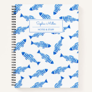 Summer Blue Watercolor Fish Personalized Name Notebook