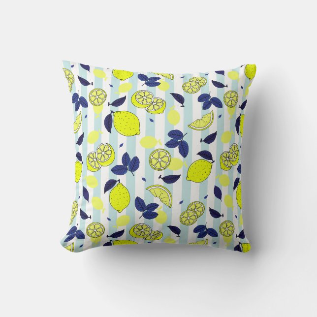 Summer Blue Yellow Lemon Slices on Blue Stripes Throw Pillow (Front)