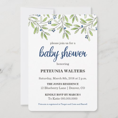 Summer Blueberry Foliage Baby Shower Invitation