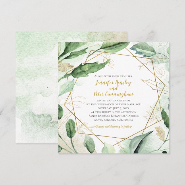 Summer Blush Leaves and Gold Geometric Wedding Invitation (Front/Back)
