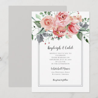 Summer Blush Pink Roses Gray Green Leaves Wedding Invitation