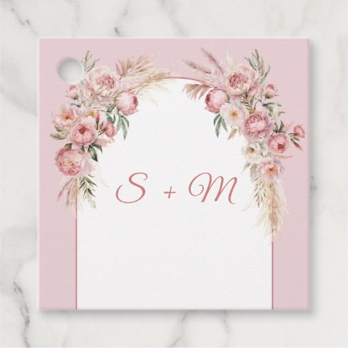Summer boho arch blush peonies pampas initials favor tags