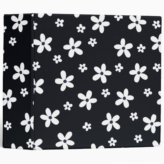 Summer Boho Black White Daisy Flowers 3 Ring Binder (Front/Spine)