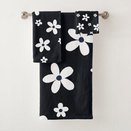 Summer Boho Black White Daisy Flowers Bath Towel Set