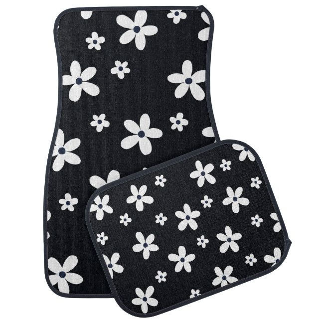 Summer Boho Black White Daisy Flowers Car Floor Mat (Set)
