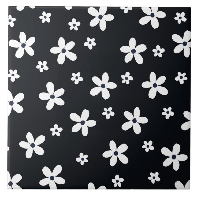 Summer Boho Black White Daisy Flowers Ceramic Tile (Front)