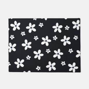 Summer Boho Black White Daisy Flowers Doormat