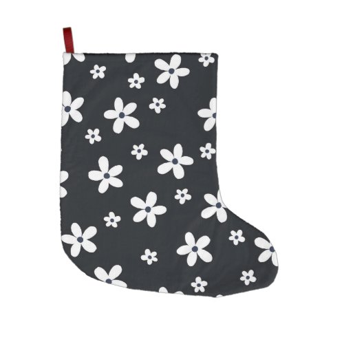 Summer Boho Black White Daisy Flowers Large Christmas Stocking