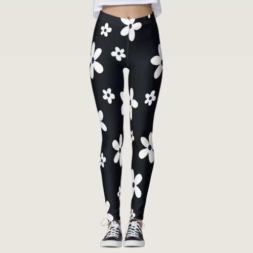 Summer Boho Black White Daisy Flowers Leggings