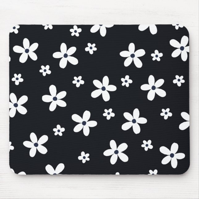 Summer Boho Black White Daisy Flowers Mouse Pad (Front)
