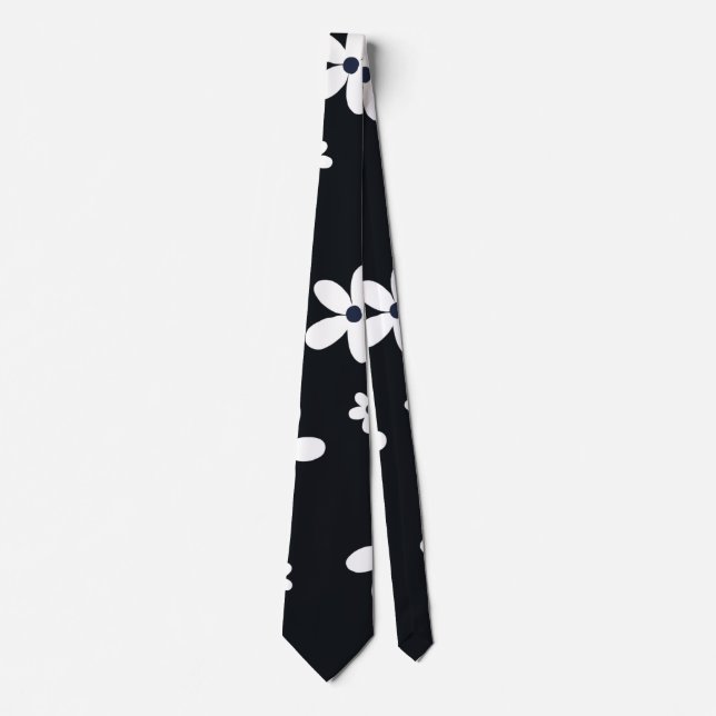 Summer Boho Black White Daisy Flowers Neck Tie (Front)