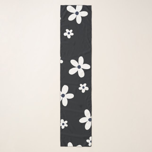 Summer Boho Black White Daisy Flowers Scarf (Front)