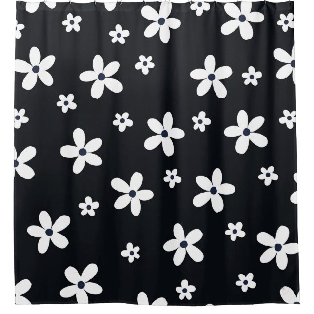 Summer Boho Black White Daisy Flowers Shower Curtain (Front)