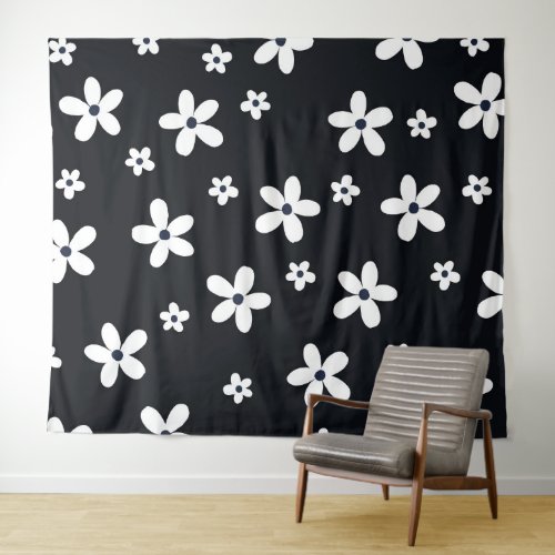 Summer Boho Black White Daisy Flowers Tapestry