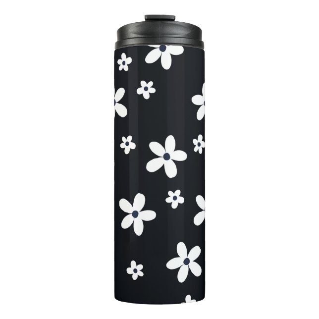 Summer Boho Black White Daisy Flowers Thermal Tumbler (Front)