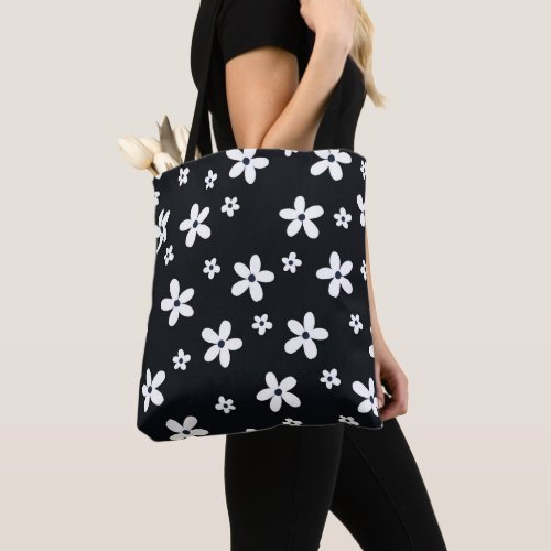 Summer Boho Black White Daisy Flowers Tote Bag