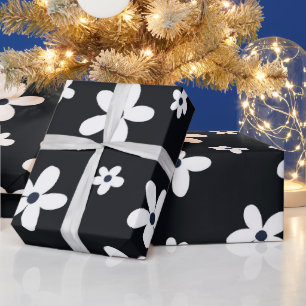Summer Boho Black White Daisy Flowers Wrapping Paper