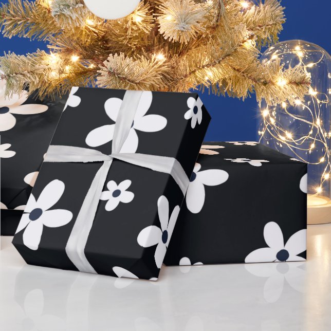 Summer Boho Black White Daisy Flowers Wrapping Paper (Holidays)