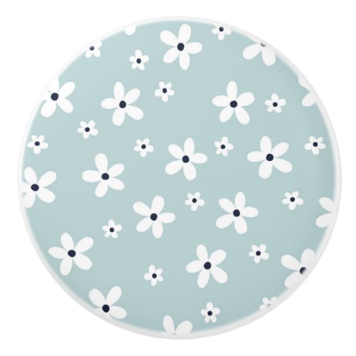 Summer Boho Blue White Daisy Flowers Ceramic Knob