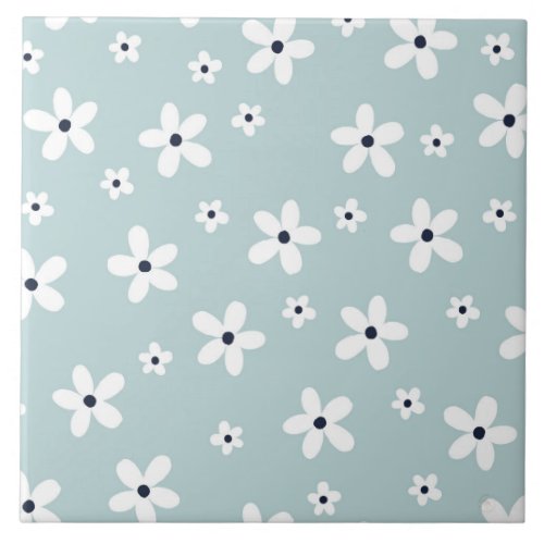 Summer Boho Blue White Daisy Flowers Ceramic Tile