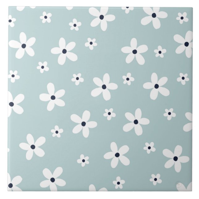 Summer Boho Blue White Daisy Flowers Ceramic Tile (Front)