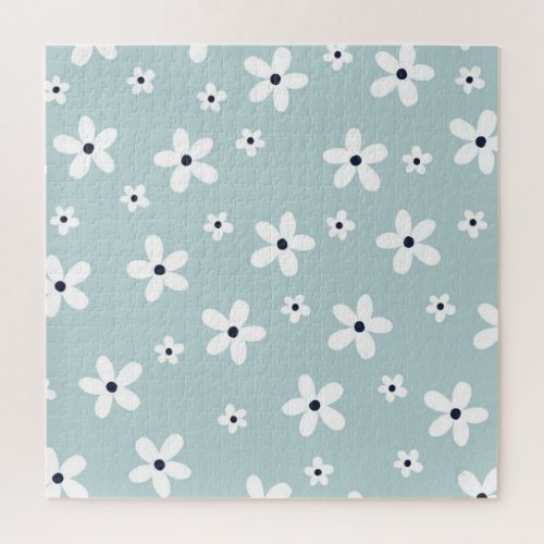 Summer Boho Blue White Daisy Flowers Jigsaw Puzzle