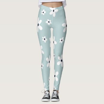 Summer Boho Blue White Daisy Flowers Leggings by NdesignTrend at Zazzle
