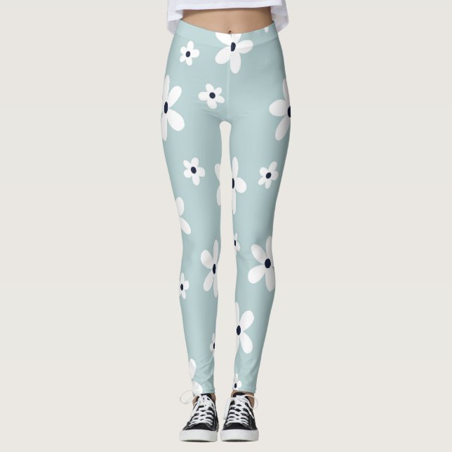 Summer Boho Blue White Daisy Flowers Leggings (Front)