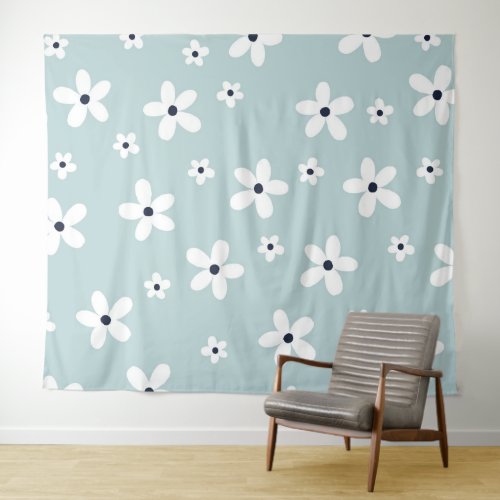 Summer Boho Blue White Daisy Flowers Tapestry