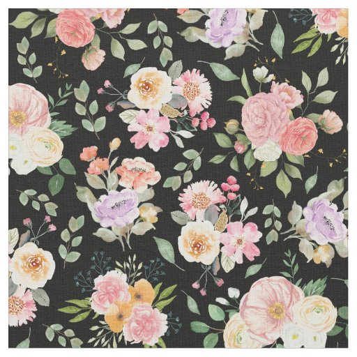Summer Boho Floral on Black Fabric
