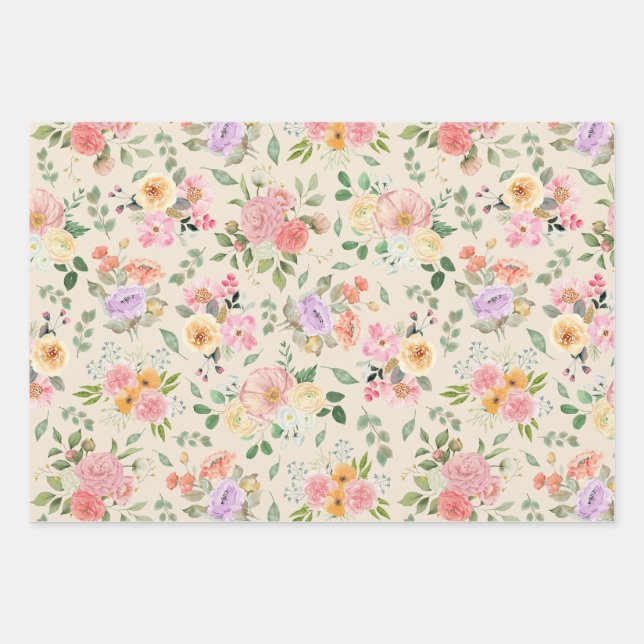 Summer Boho Floral on Pale Yellow Wrapping Paper Sheets (Front 2)