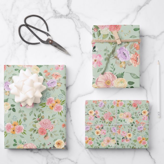 Summer Boho Floral on Sage Green Wrapping Paper Sheets (Front)