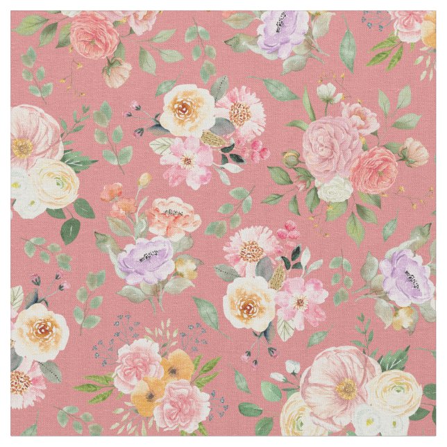 Summer Boho Floral on Tulip Pink Fabric (Close Up)