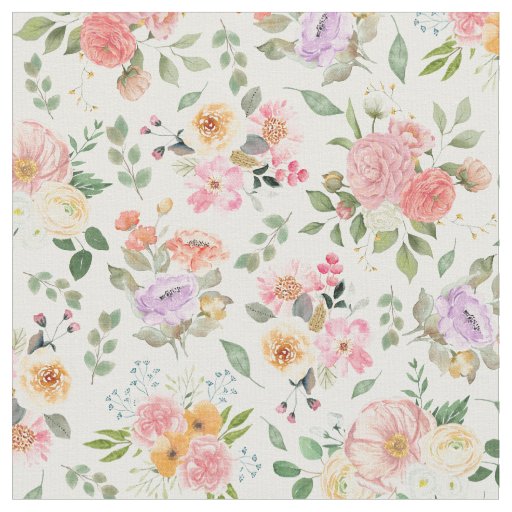Summer Boho Floral on White Fabric