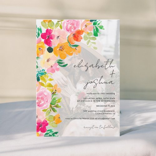 Summer boho floral watercolor photo wedding invitation