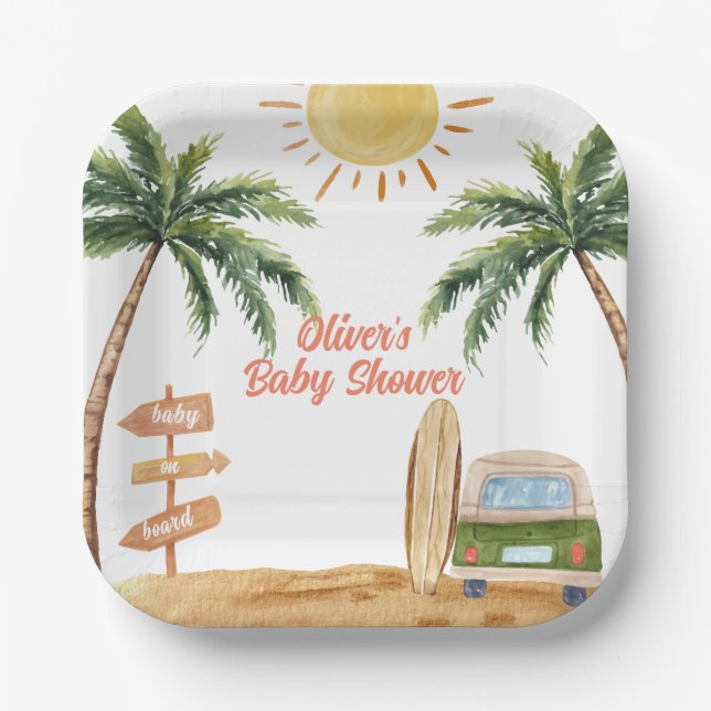 Summer Boho Surf Beach Van Baby Shower  Paper Plates (Front)