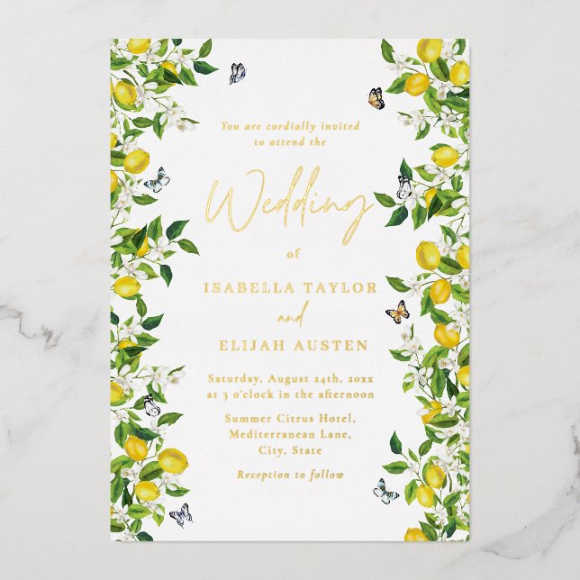 Summer Botanical Lemon Wedding Gold Foil Invitation (Front)