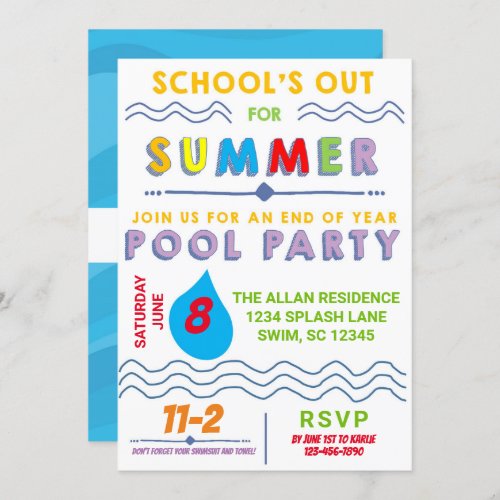 Summer Break Pool Party Invitation