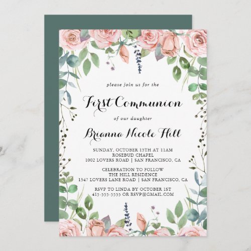 Summer Breeze Floral Calligraphy First Communion  Invitation