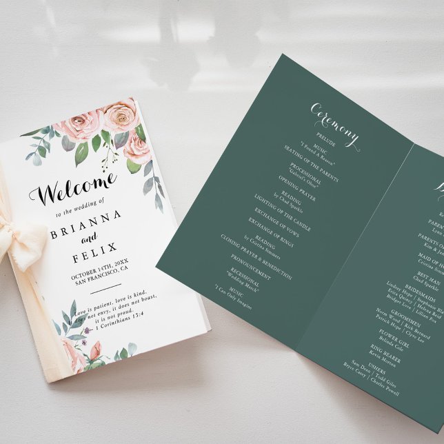 Summer Breeze Floral Calligraphy Folded Wedding  Program (Creator Uploaded)