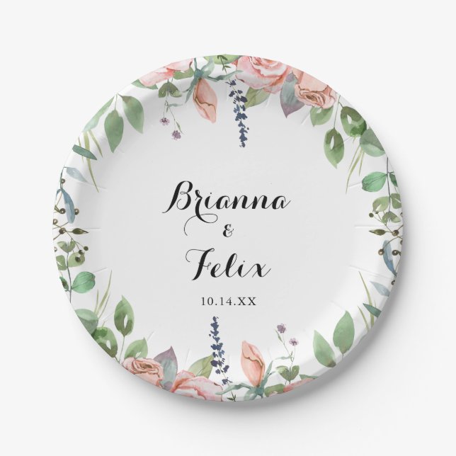 Summer Breeze Floral Calligraphy Wedding Cake  Paper Plates (Front)