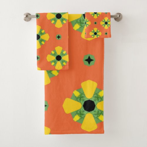 Summer Bright Orange Yellow Green Diamond Pattern Bath Towel Set
