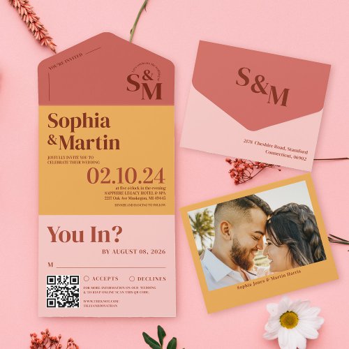 Summer Bright Vibrant Pink Yellow Photo Wedding All In One Invitation