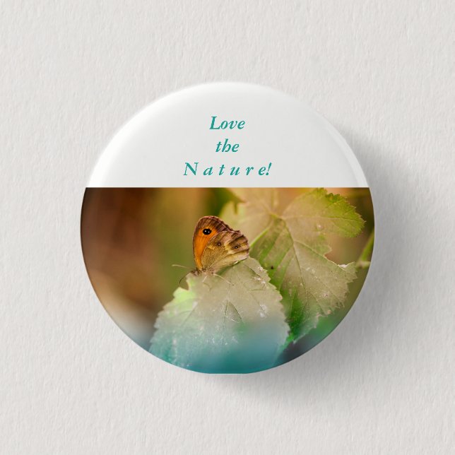 Summer butterfly on a leaf pinback button (Front)