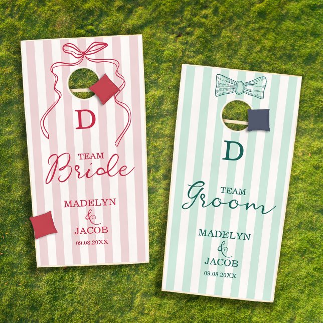 Summer Cabana Striped Team Bride & Groom Wedding  Cornhole Set (Creator Uploaded)