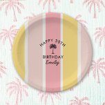 Summer Cabana Stripes Coastal 30th Birthday Paper Plates<br><div class="desc">This part plate design has a bright colorful cabana stripes pattern in summer colors of yellow and pink. The text template is ready to personalize with your birthday guest of honor's name. You can also change the age if you want to create these plates for a different age. It's a...</div>