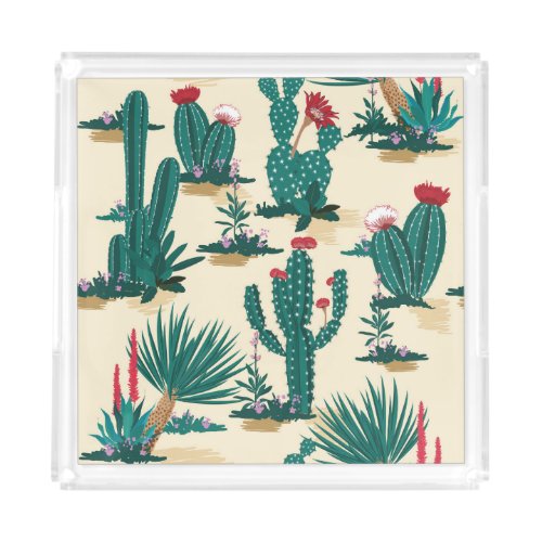 Summer Cactus Blooming Desert Print Acrylic Tray