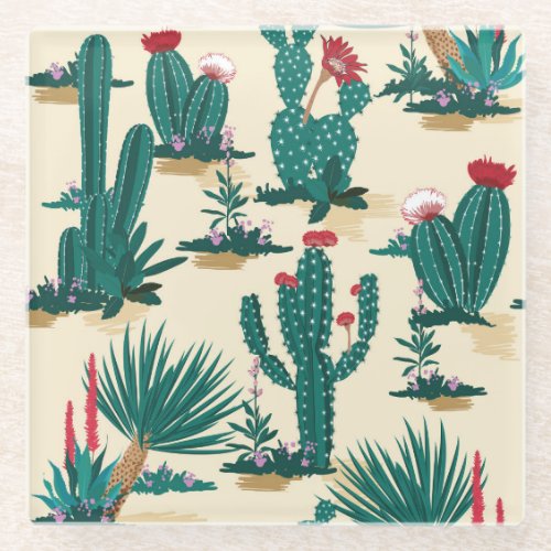 Summer Cactus Blooming Desert Print Glass Coaster